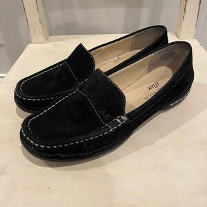 Anne Klein Black Suede Penny Loafers with White Stitching